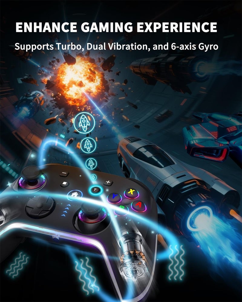 Bcofo Wireless Mobile Game Controller for iOS/iPhone/Android/Cell Phone/Switch/Laptop, Gaming Gamepad with Phone Clip for Gamers, Hall Effect Triggers, Wired PC Control, with RGB LED Lighting/Vibration/6-Axis Gyro/Turbo (Black) - Image 3